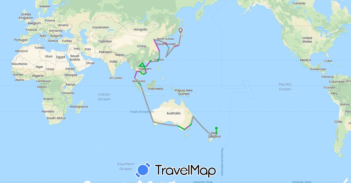 TravelMap itinerary: driving, bus, plane, train, boat in Australia, China, Japan, Cambodia, South Korea, Laos, Malaysia, New Zealand, Singapore, Thailand, Taiwan, Vietnam (Asia, Oceania)